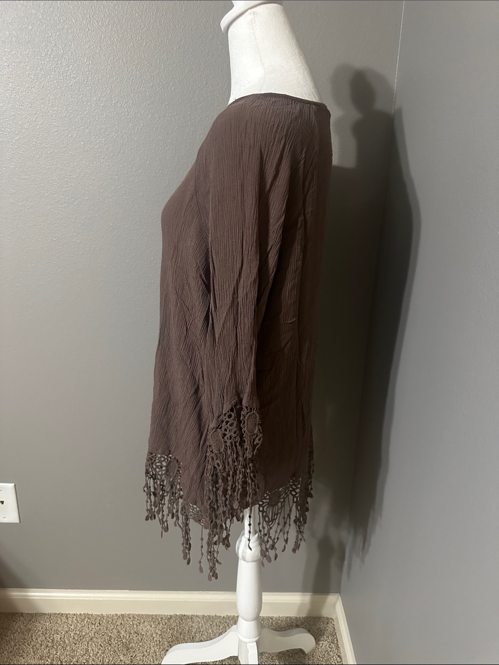 Indigo Soul Women’s Brown Crochet-Trim Fringe Top - Picture 2 of 9